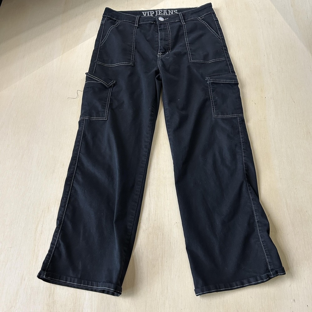 VIP Jeans Wide Leg Cargo Jeans Womens 13/31 Black Dark Wash Relaxed Stretch